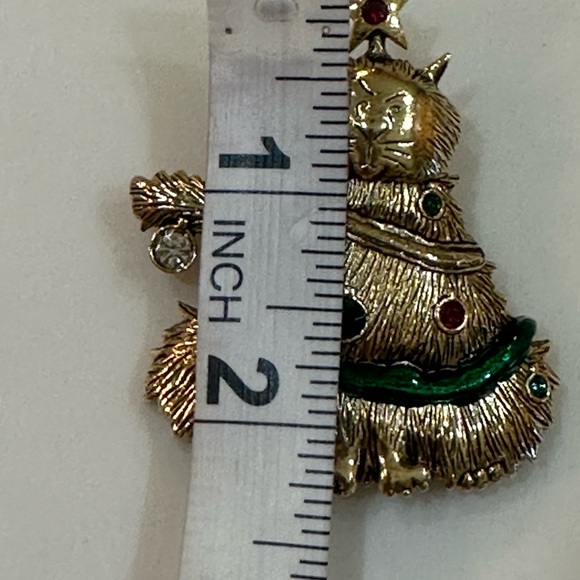 Vintage Lia Sofia "Christmas Cat" Tree Brooch - Gold & Enamel Multicolor Stones - Picture 4 of 5